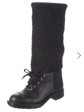$1450 CHANEL Black Knit Shaft Lace-Up Mid-Calf Boots size 36.5 - US 6-6.5 EUC